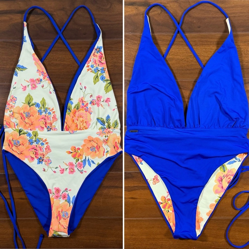 Maaji Size Medium Blue Floral Reversible Tie Safari One Piece Swimsuit